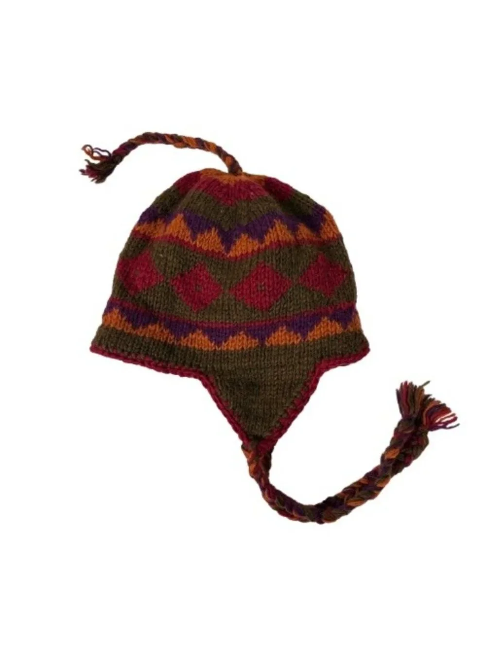 Nepalese 100% Wool Chullo Hat Fleece Lined Ear Flap Boho Hippie Multicolor